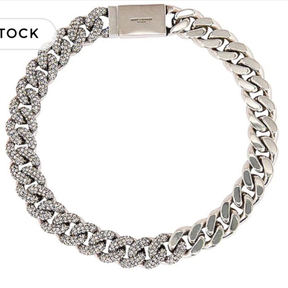 YSL Crystal Silver Curb Chain Thick Collar Bling Glitz Glam